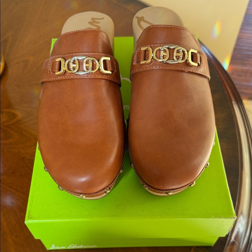 New in box Sam Edelman Brown Nappa Mules with Gold Buckle, size 10